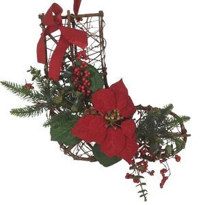 VTG Christmas Wicker Wood Stocking Wall Door Hanging Decor Poinsettia's 1980's